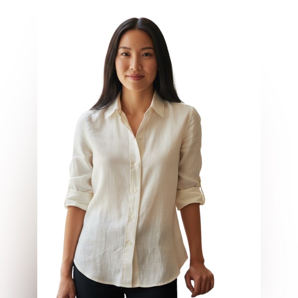 Linda Allard Ellen Tracy Linen coastal core Corp core minimalist preppy shirt